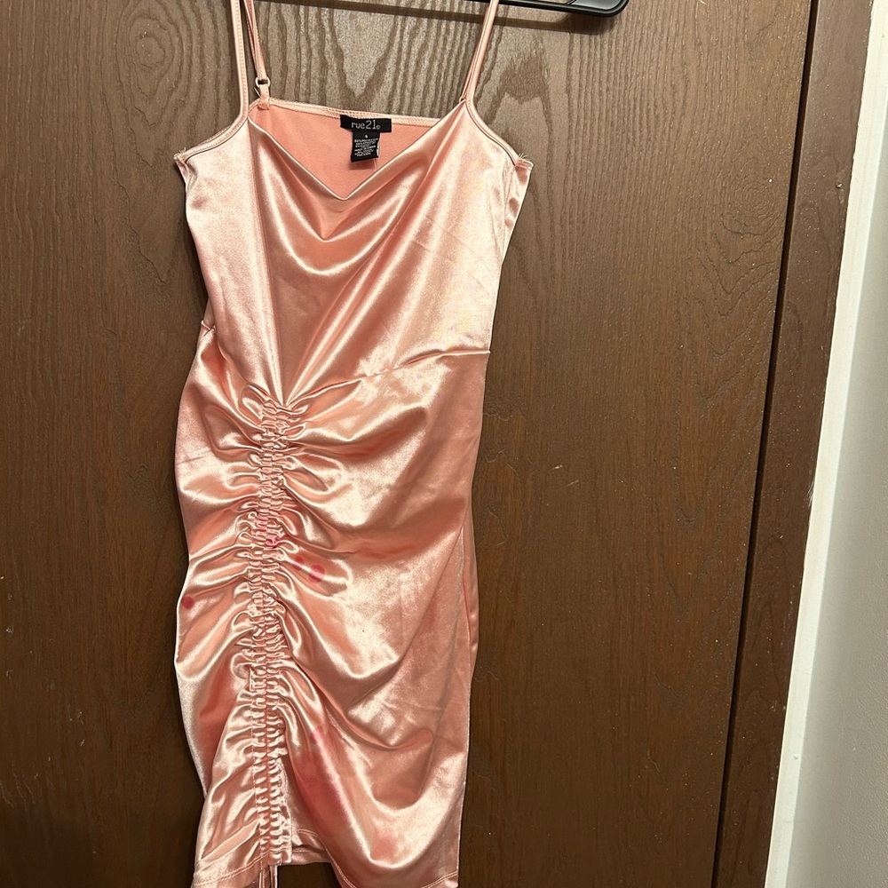 Pink satin bodycon ruched dress